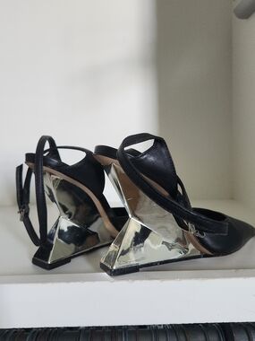 SCHUTZ Black Pumps with Silver Sculpted Heels
